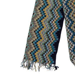 Missoni Woven Printed Scarf Blue/Green/Gold Abstract Print Fringe Zig Zag
